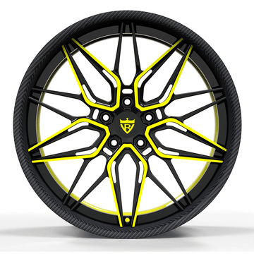 Custom forged 2-piece deep dish wheel featuring a black and yellow design, perfect for Corvette C8 applications.